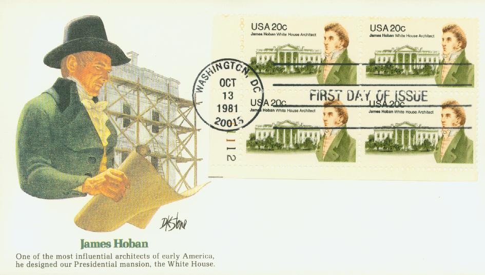 # 1936 - 1981 20c James Hoban Fleetwood Plate Block First Day Cover
