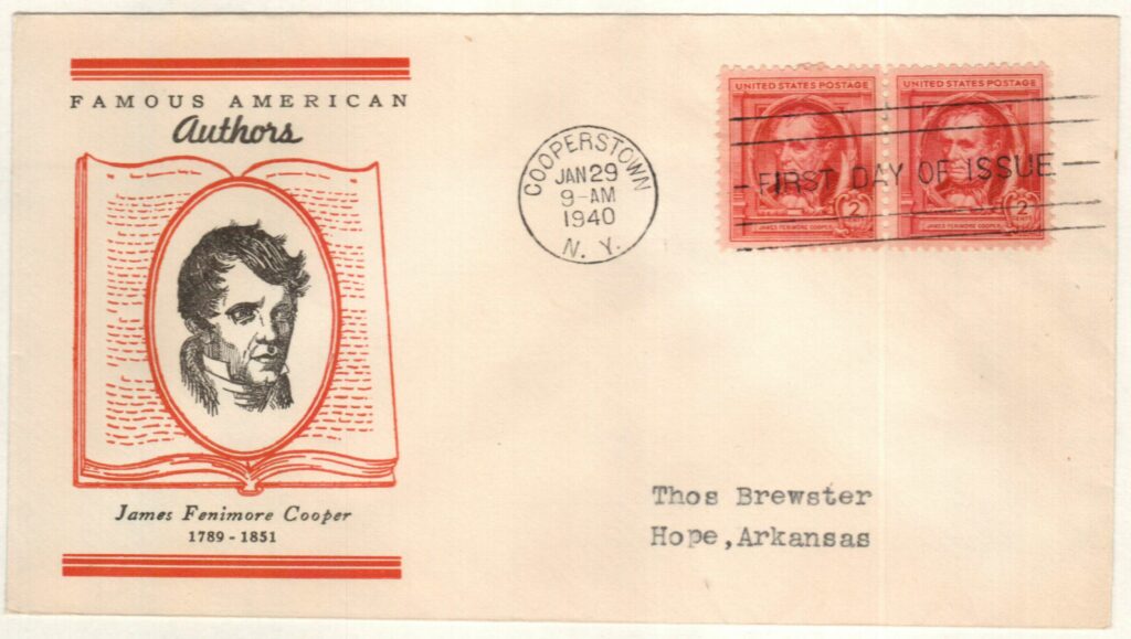 1940 2¢ James Fenimore Cooper Classic First Day Cover