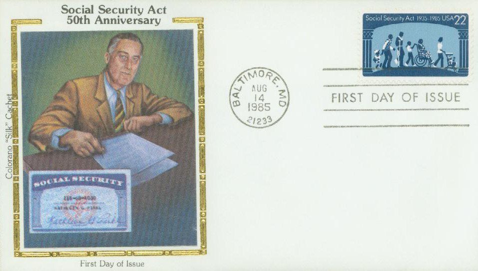 1985 22¢ Social Security Act Colorano Silk Cachet Combination First Day Cover