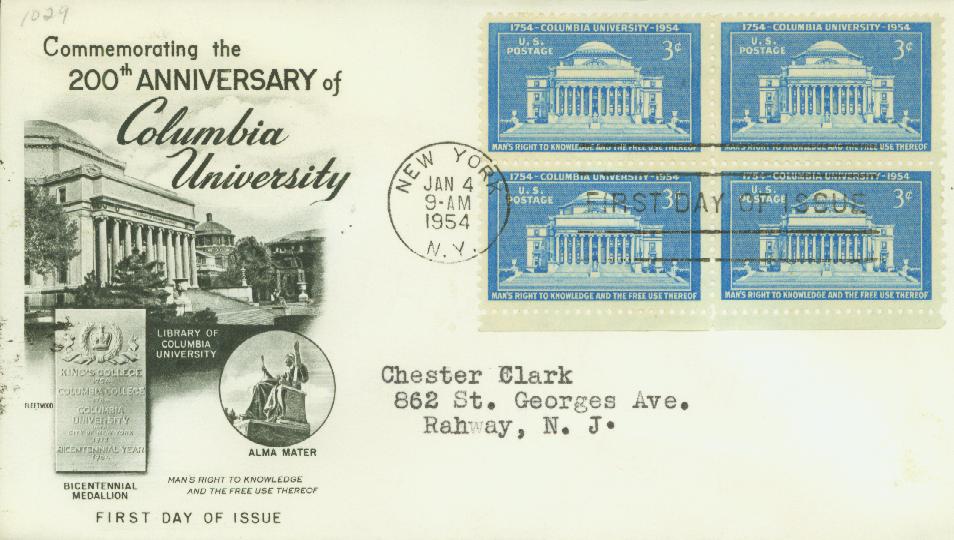 # 1029 - 1954 3¢ Columbia University Fleetwood First Day Cover