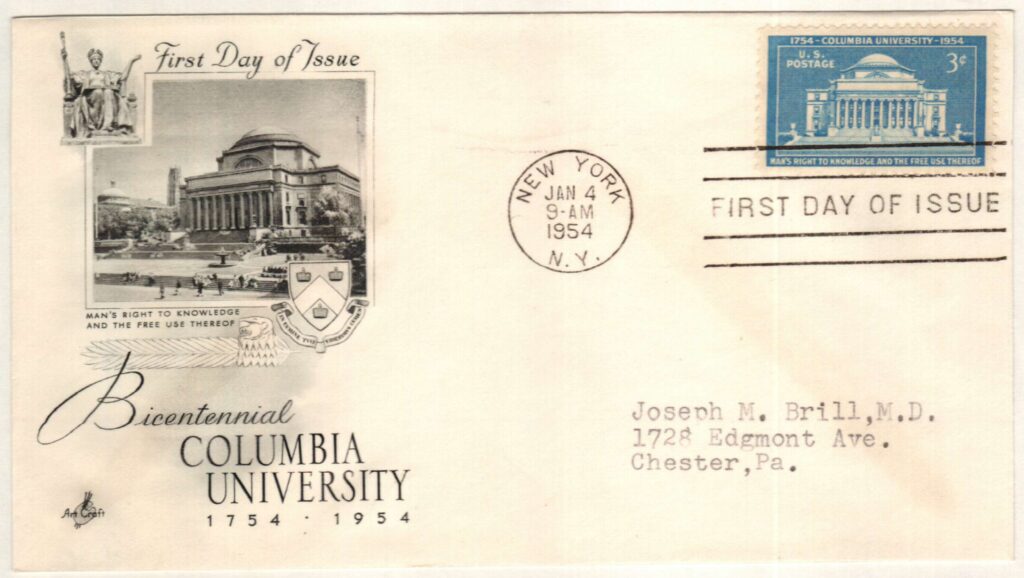 # 1029 - 1954 3¢ Columbia University Classic First Day Cover