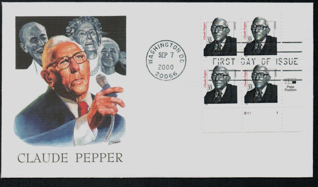 2000 33¢ Claude Pepper Fleetwood Plate Block First Day Cover
