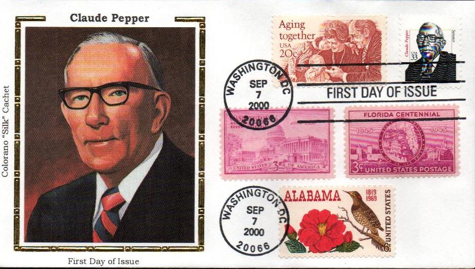 2000 33¢ Claude Pepper Colorano Silk Cachet Combination First Day Cover