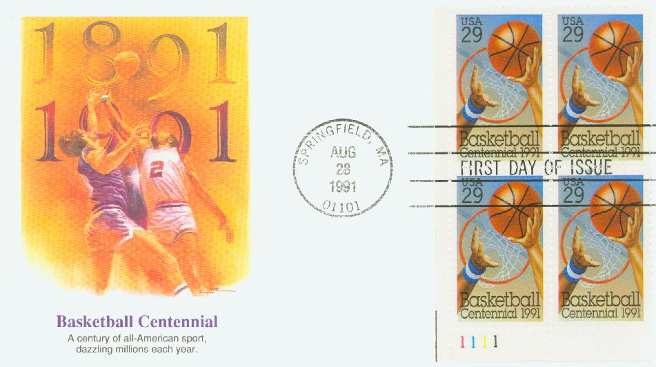 # 2560 - 1991 29c Basketball Fleetwood Plate Block First Day Cover