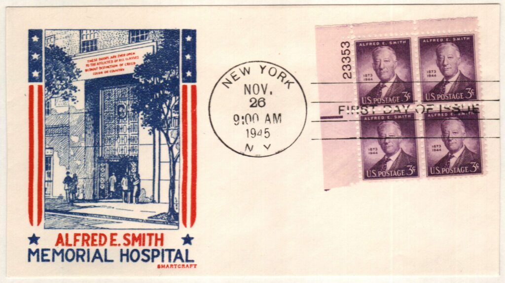 # 937 - 1945 3c Alfred E. Smith Plate Block First Day Cover