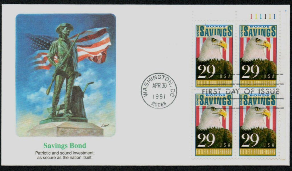1991 29¢ US Savings Bonds Fleetwood Plate Block First Day Cover