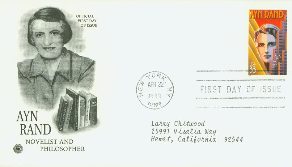 # 3308 - 1999 33c Literary Arts: Ayn Rand Classic First Day Cover