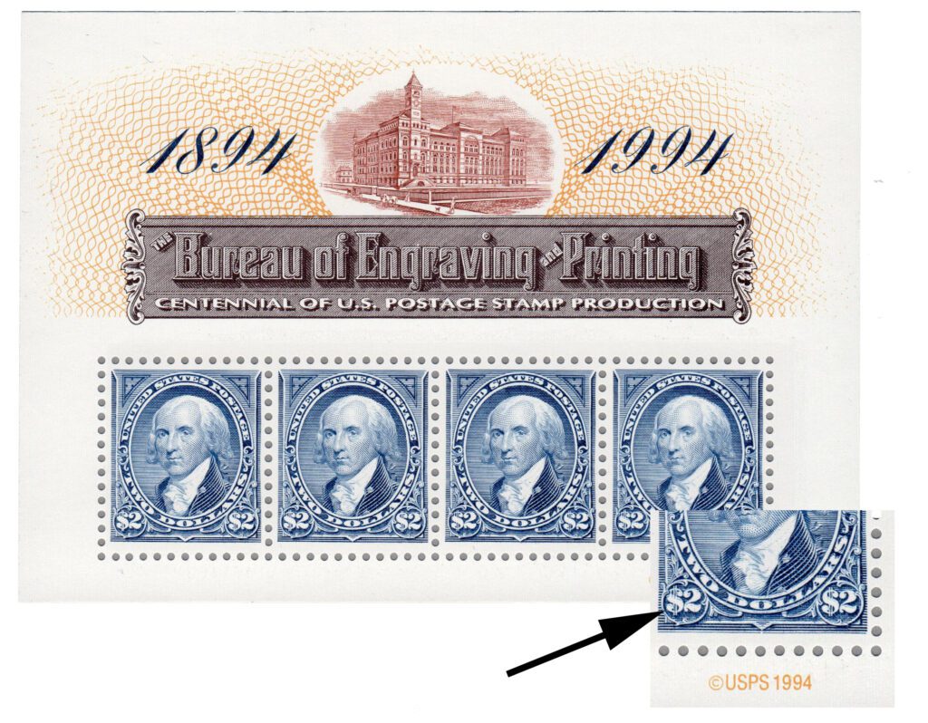 # 2875 - 1994 $2 Bureau of Engraving and Printing Centenary double transfer