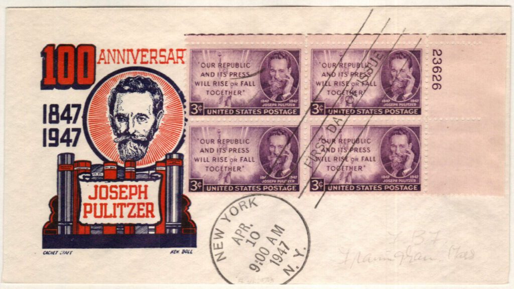 #946 - 1947 3c Joseph Pulitzer Plate Block First Day Cover