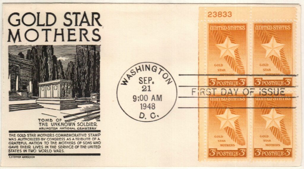 1948 3¢ Gold Star Mothers Plate Block First Day Cover