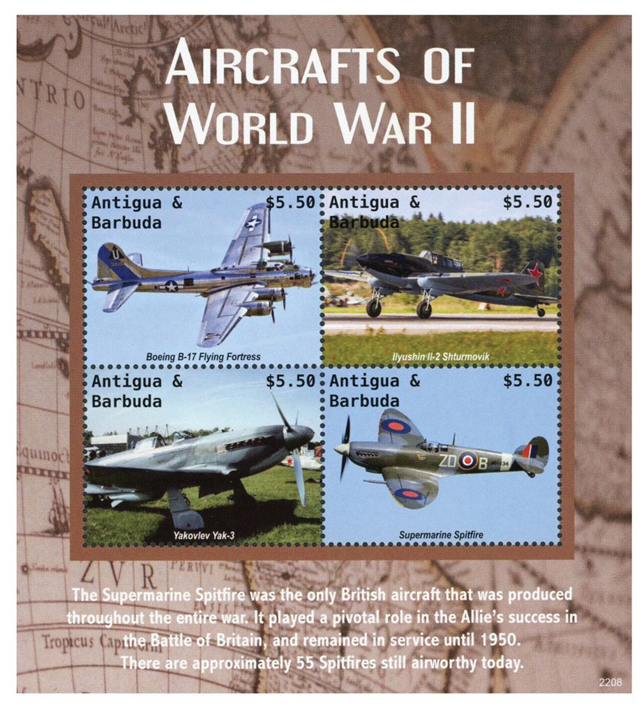 # MFN565 - 2022 $5.50 Aircrafts of World War II, Mint Sheet of 4, Antigua