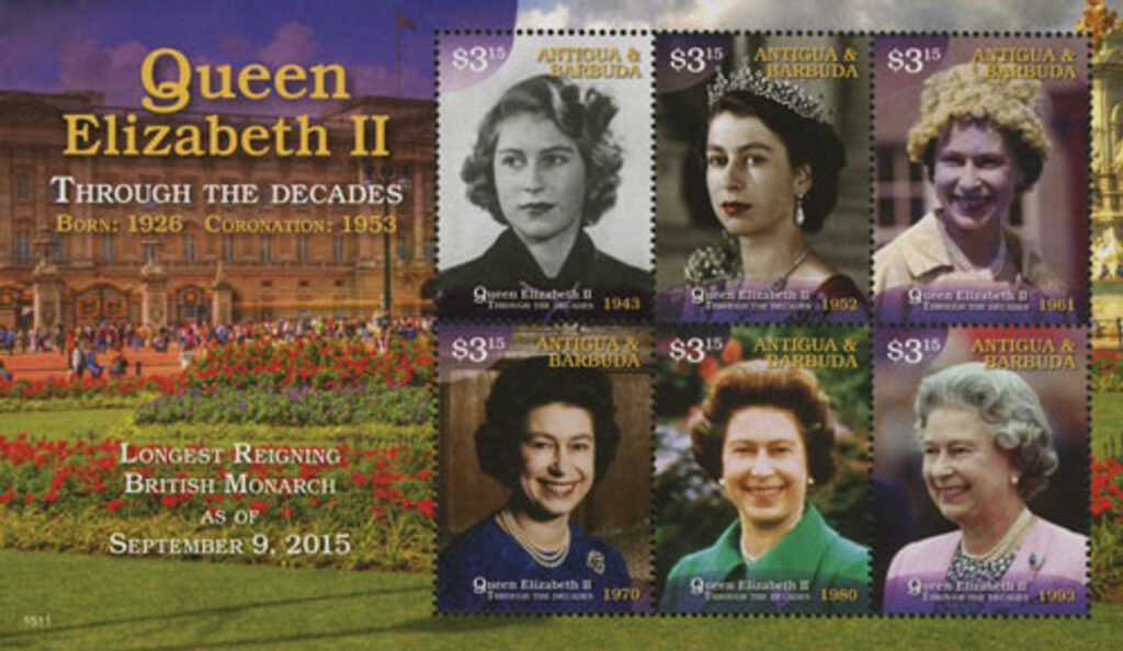 2015 $3.15 Queen Elizabeth II - Through the Decades, Mint, Sheet of 6 Stamps, Antigua