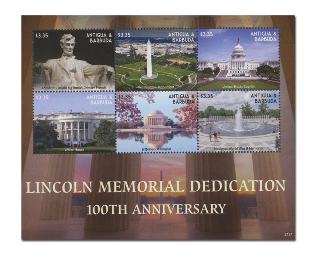 2021 $3.35 Lincoln Memorial Dedication - 100th Anniversary, Mint, Sheet of 6 Stamps, Antigua & Barbuda