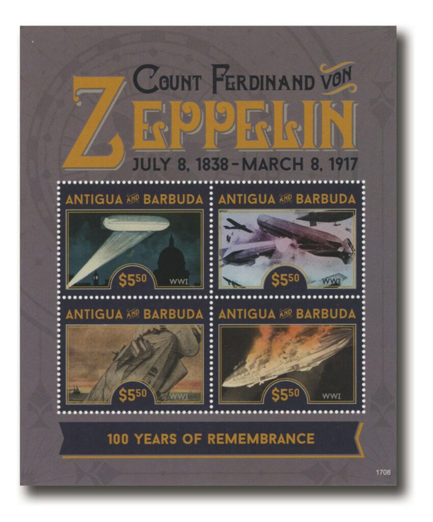 2017 $5.50 100 Years of Remembrance: Count Ferdinand von Zeppelin, Mint Sheet of 4, Antigua