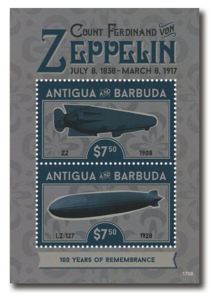 2017 $7.50 100 Years of Remembrance: Count Ferdinand von Zeppelin, Mint Souvenir Sheet of 2, Antigua