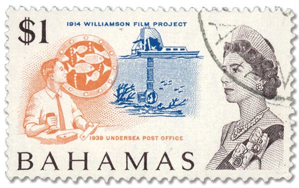 1967 Bahamas stamp picturing the photosphere and underwater post office.