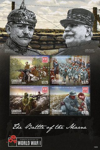 2015 $3.25 WWI: Battle of the Marne, Mint, Sheet of 4 Stamps, Canouan