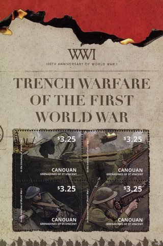 2014 $3.25 WWI 100th Anniversary - Trench Warfare, Mint Sheet of 4 Stamps, Canouan