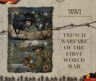 2014 $5 WWI 100th Anniversary - Trench Warfare, Mint Souvenir Sheet, Canouan
