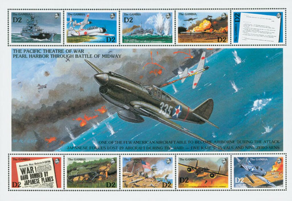 World War II Pearl Harbor to The Battle of Midway, Mint, Sheet of 10 Stamps, Gambia