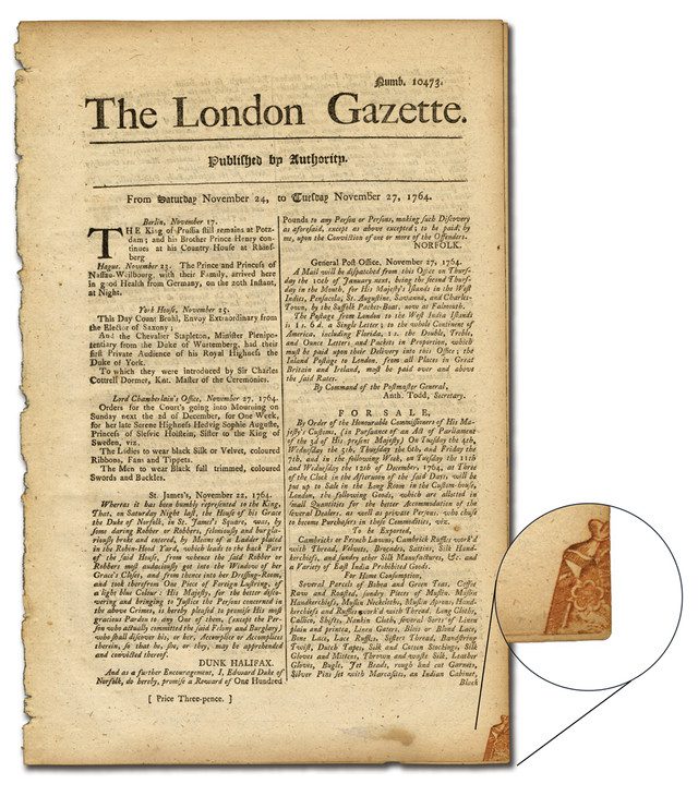 # MA1887 - 1700's Great Britain Newspaper Tax Stamp, Clear Strike, 10-15% Visible