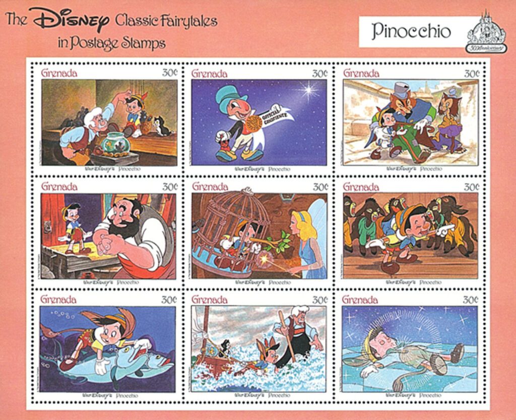 # MDS311D - 1987 Disney's Classic Fairy Tales - Pinocchio, Mint Sheet of 9 Stamps, Grenada