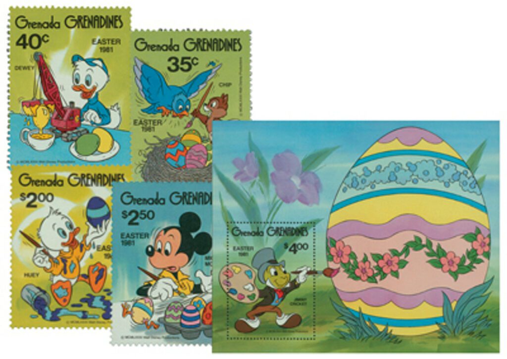 1981 Disney Celebrates Easter, Mint, Set of 4 Stamps and Souvenir Sheet, Grenada Grenadines