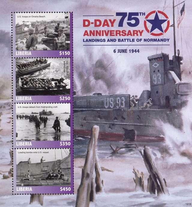 2019 $150 D-Day - 75th Anniversary, Mint, Sheet of 4 Stamps, Liberia