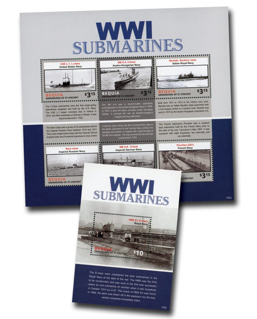 #MFN592 - 2015 World War I Submarines, Mint Sheet of 6 & Mint Souvenir Sheet, Bequia