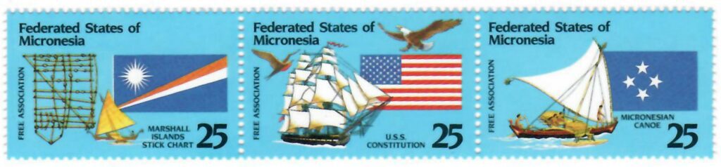 Strip of three Micronesia joint issue stamps.