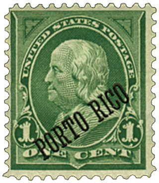 # PT210 - 1899 1c Puerto Rico - dull watermark, perf 12, yellow green