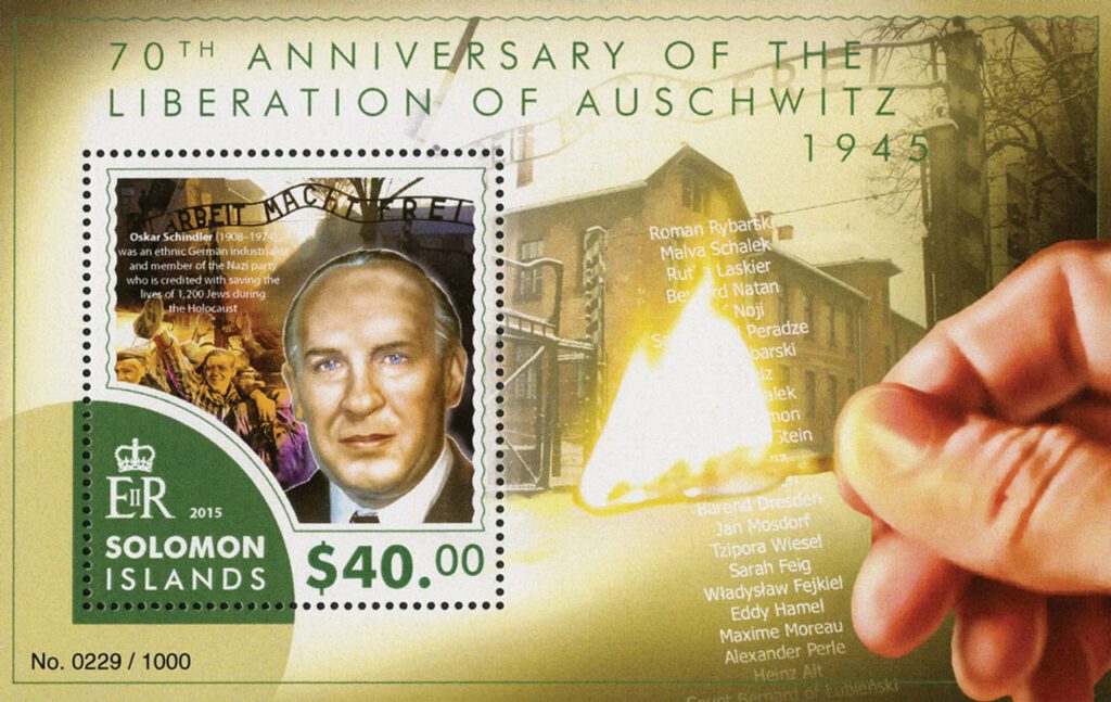 # M12142 - 2015 $40 Auschwitz Liberation 70th Anniversary - Oscar Schindler, Mint Souvenir Sheet, Solomon Islands
