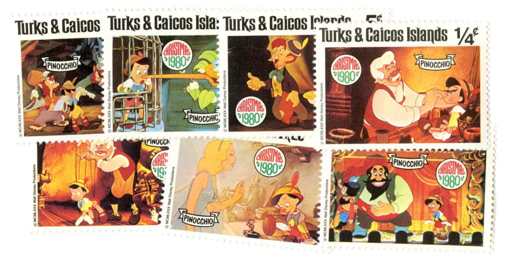 # MDS209 - 1980 Disney Celebrates Christmas with Pinocchio, Mint, Set of 7 Stamps, Turks and Caicos