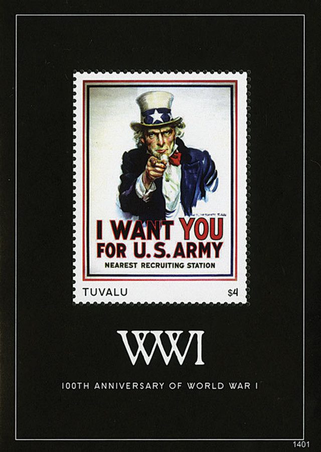 #M11402 - 2014 $4 World War I 100th Anniversary, Mint Souvenir Sheet,War Slogan Poster, Tuvalu