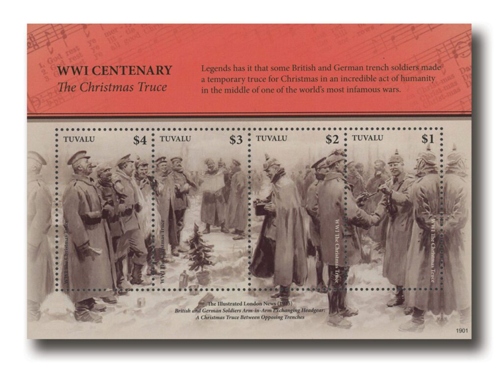 # MFN308 - 2019 $1 - $4 World War I Centenary: The Christmas Truce, Mint, Sheet of 4 Stamps, Tuvalu