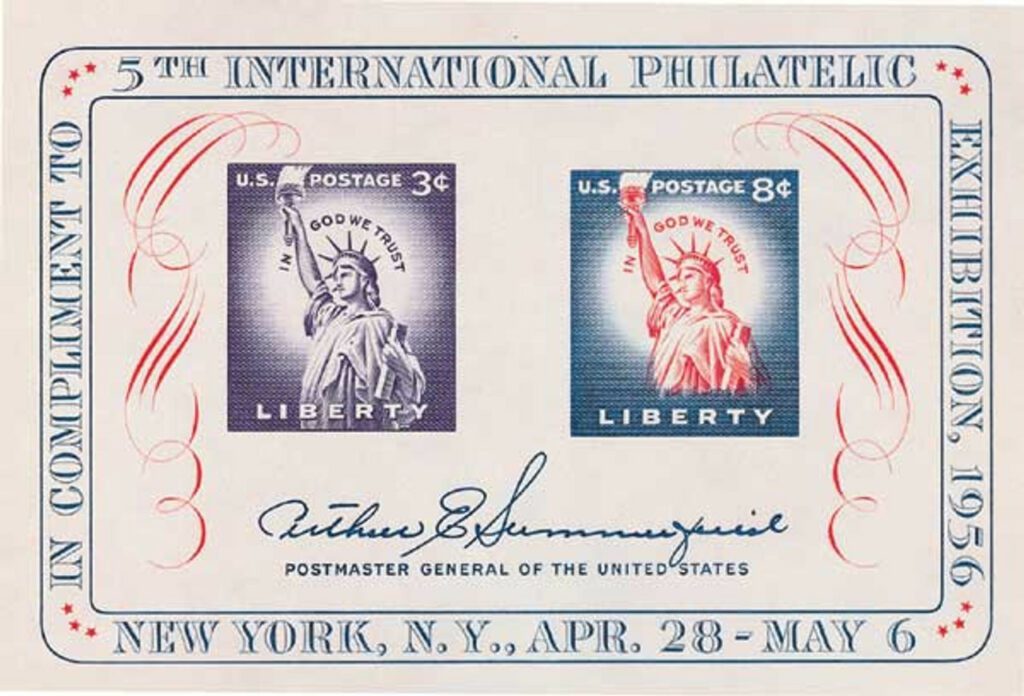 1956 3¢ and 8 ¢ Statue of Liberty
Fifth International Philatelic Exhibition
FIPEX Souvenir Sheet