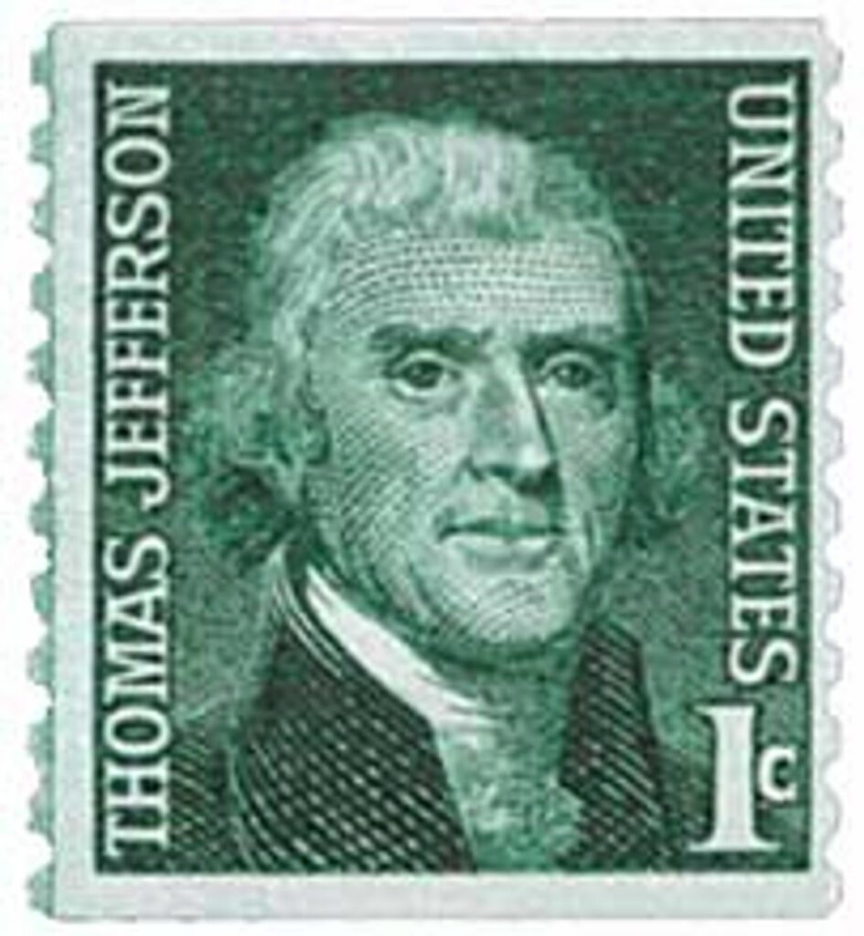 1968 1¢ Prominent Americans: Thomas Jefferson, perf 10 vertical