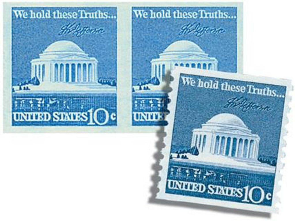 1973-74 10¢ Jefferson Memorial, imperf pair with free regular