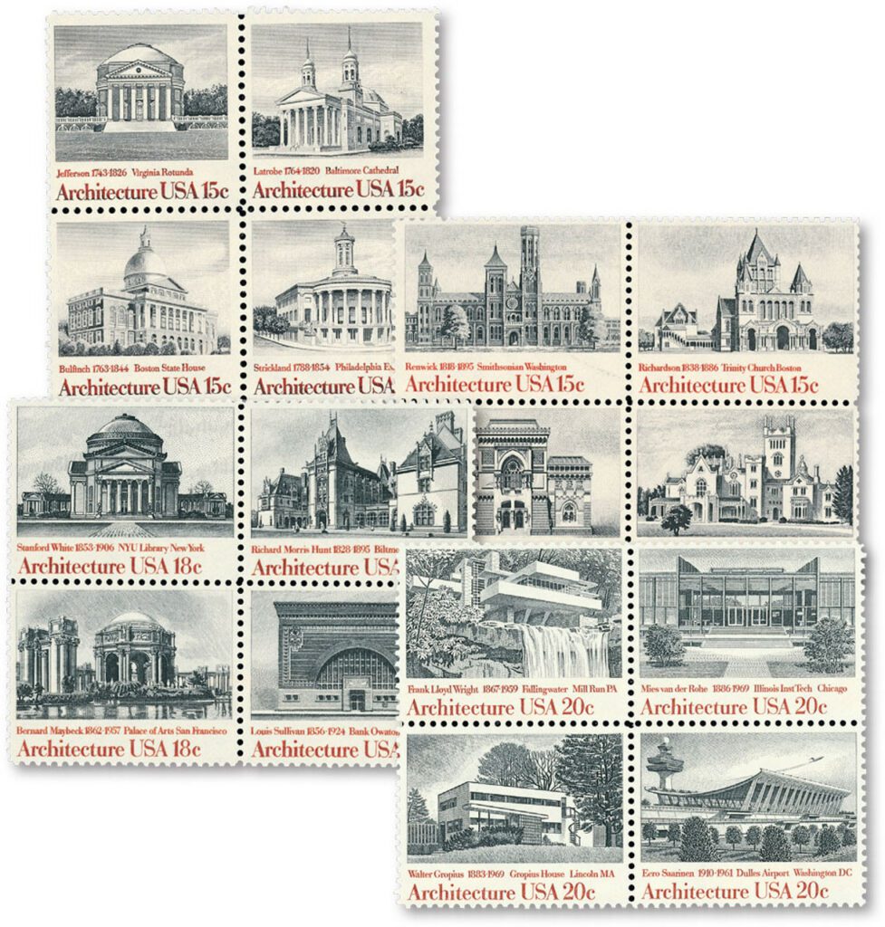 Complete Set of 16 stamps, 1979-1982 American Architecture Series