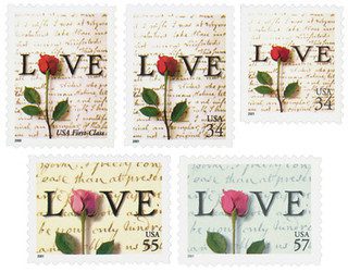 # 3496//3551 - 2001 34-57c Rose and Love Letter, collection of 5 stamps