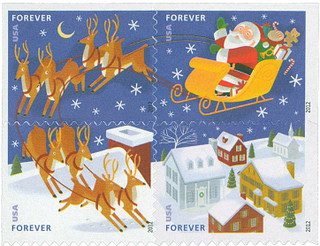# 4712-15 - 2012 First-Class Forever Stamp - Contemporary Christmas: Santa Flying over Town in Sleigh with Reindeer