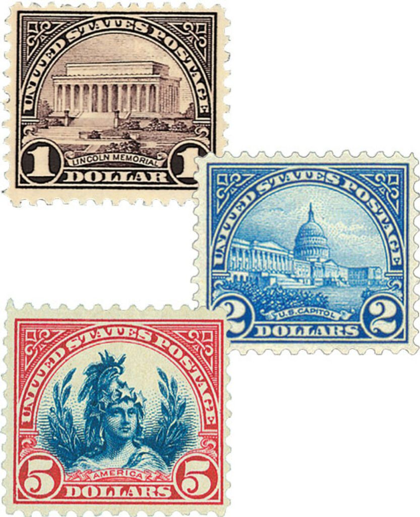 # 571-73 - 1922-25 $1-$5 Flat Plate Printing, collection of 3 stamps