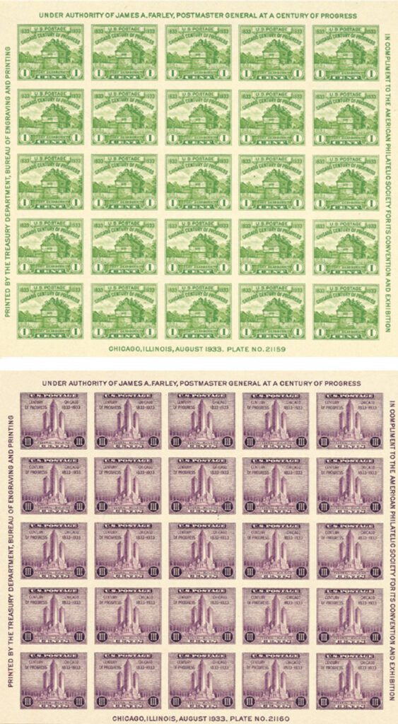 1933 1¢ Fort Dearborn and 3¢ Federal Building
Souvenir Sheets