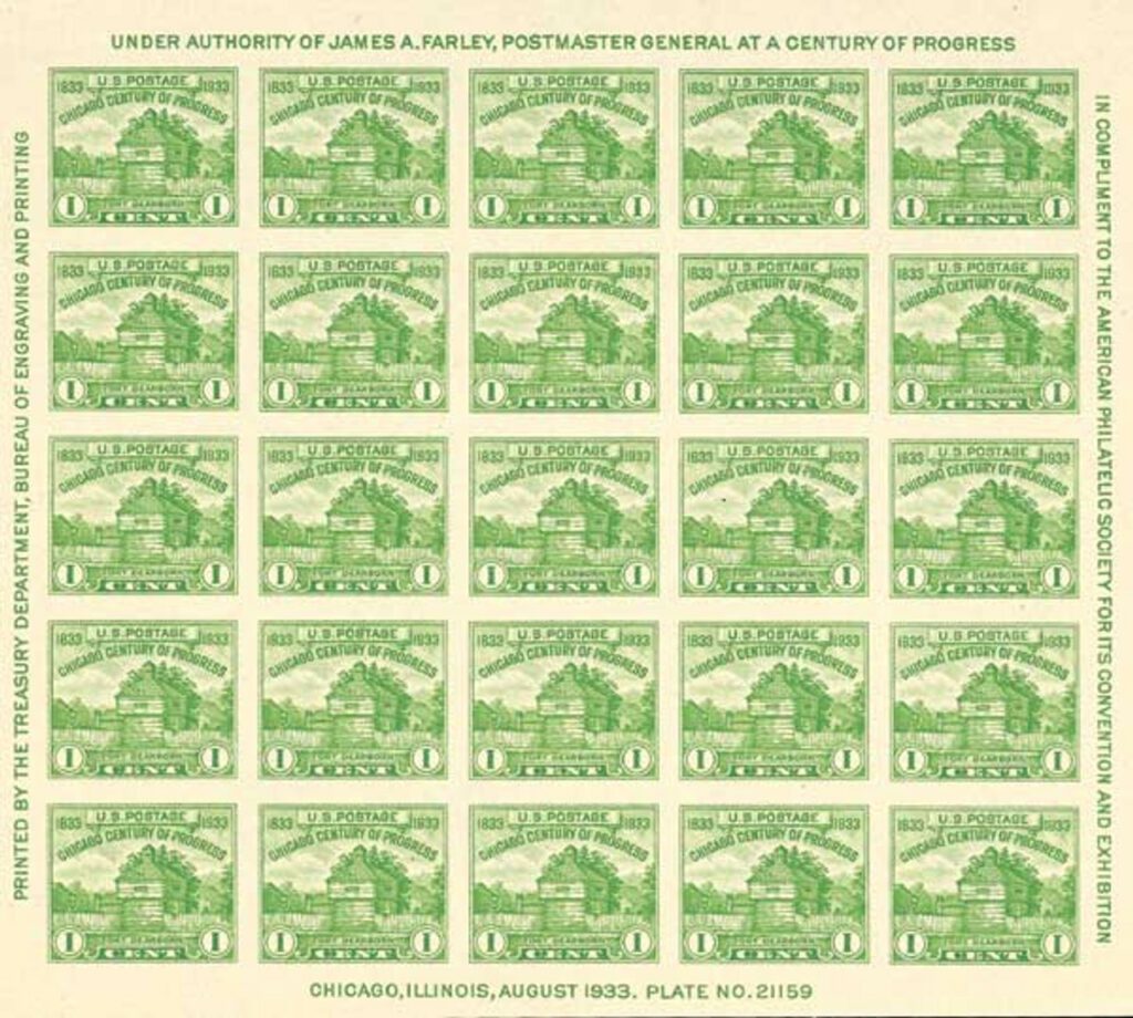 1933 1¢ Restoration of Fort Dearborn, souvenir sheet