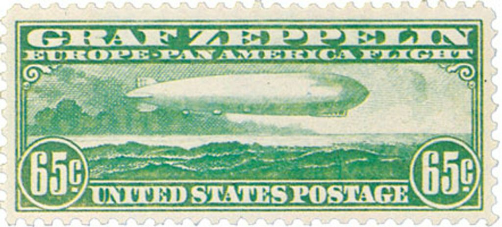 1930 65¢ Zeppelin over Atlantic Ocean