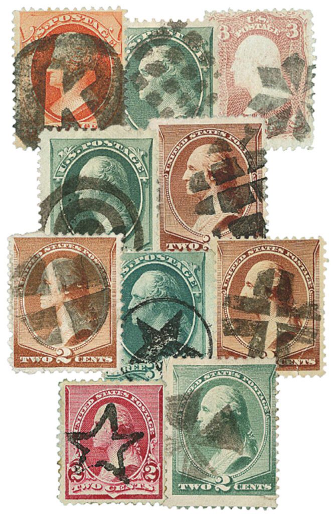# M11299 - Early US Stamps w/ Cork Fancy Cancels, 10 stamps