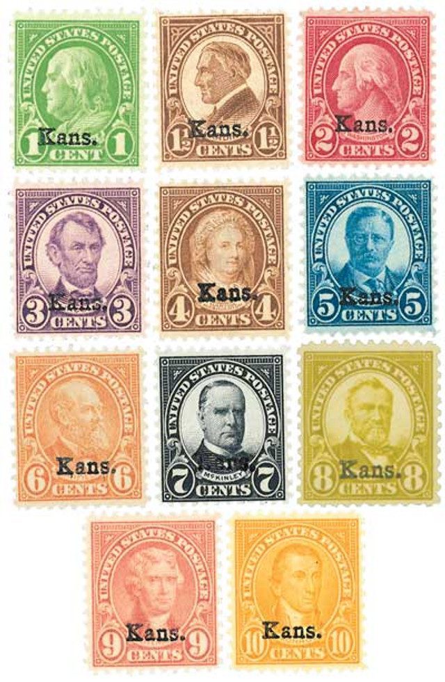 1929 Kansas Overprints, set of 11 stamps and free album page