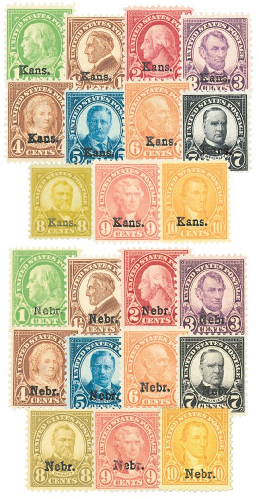 1929 Kansas-Nebraska Overprints, set of 22 stamps and free album pages
