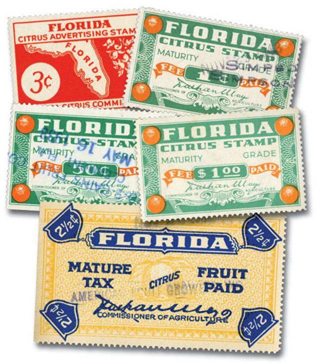 # M11620 - Florida Citrus Tax Stamps, Used, Set of 5, U.S.