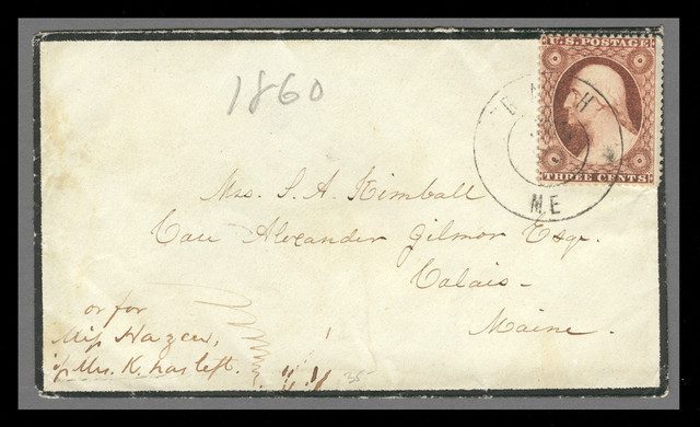 #MRS1430 - 1857 3c Washington Type III Single (Scott #26) on Mourning Cover from Bath, Maine